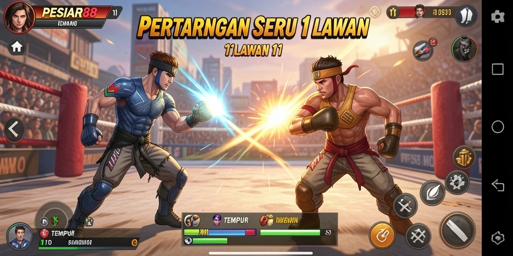 Antarmuka pertarungan seru di PESIAR88 dengan karakter unik.